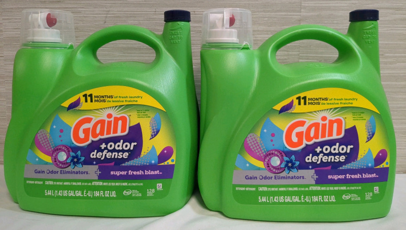 2 New Jugs Gain + Odor Defense Laundry Detergent 5.44L per Jug