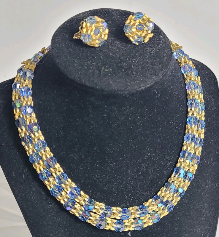 Vintage Vogue Double Strand Blue Crystal Necklace & Blue Crystal Clip-On Earring Set .