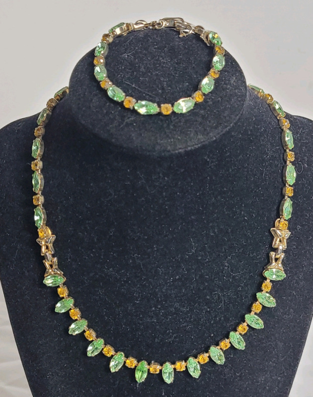 Vintage Signed Barclay Modernist Necklace & Bracelet Set w/Uranium Glass Green Marquise . Necklace measures 16 1/4" & Bracelet measures 6 3/4" . One Marguise has been replaced .
