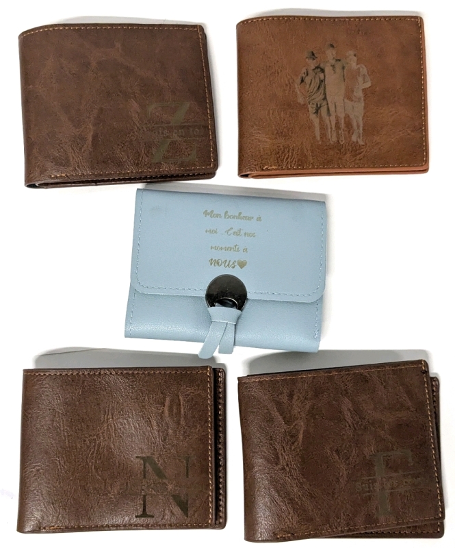 5 New Personalized (French) PU Leather Wallets : 4 Bifold Men's Wallets, 1 Trifold Women's Wallet - 4.75" &times; 3.6"