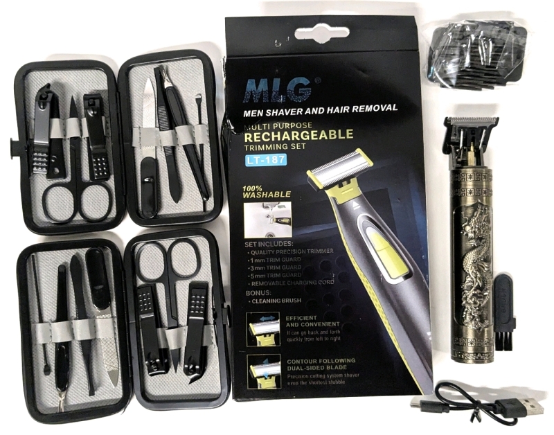 2 New 7-Piece Travel Grooming Kits in Cases, New in Box MLG Men's Shaver / Trimming Set & Vintage T9 Rechargeable Professional Trimmer