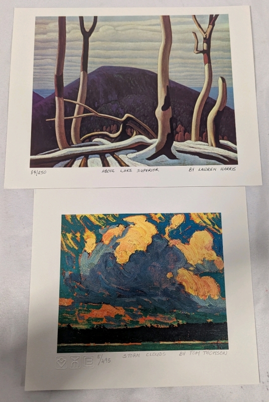 Print of "Above Lake Superior" by Lawren Harris (Group of Seven) 12" by 9.5" 84/250 & "Storm Clouds" by Tom Thomson. 10" by 8.5". 5/495