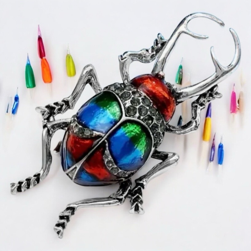 Vintage Charming Beetle Brooch with Sparkling Rhinestones Hand-Painted<br/>Approximately 2.2 x 1.1 inches