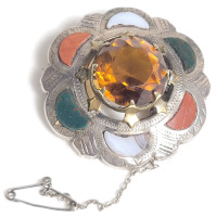 Vintage Silver Scottish Amber Center w/Hardstone Inlay Brooch , No Marks . See photos for size