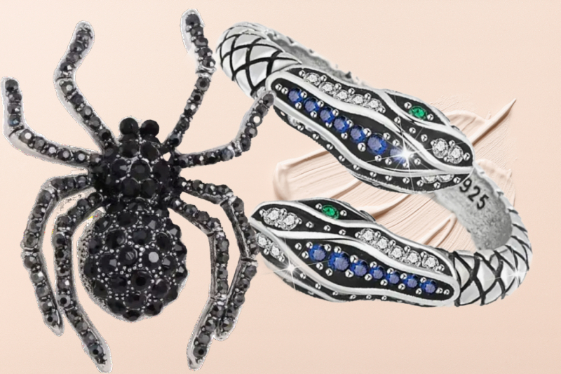 925S Sterling Ring Rhinestones Size 7 / Vintage Style Spider Brooch Black and Clear Rhinestones App 1.9 x 1.18 inch