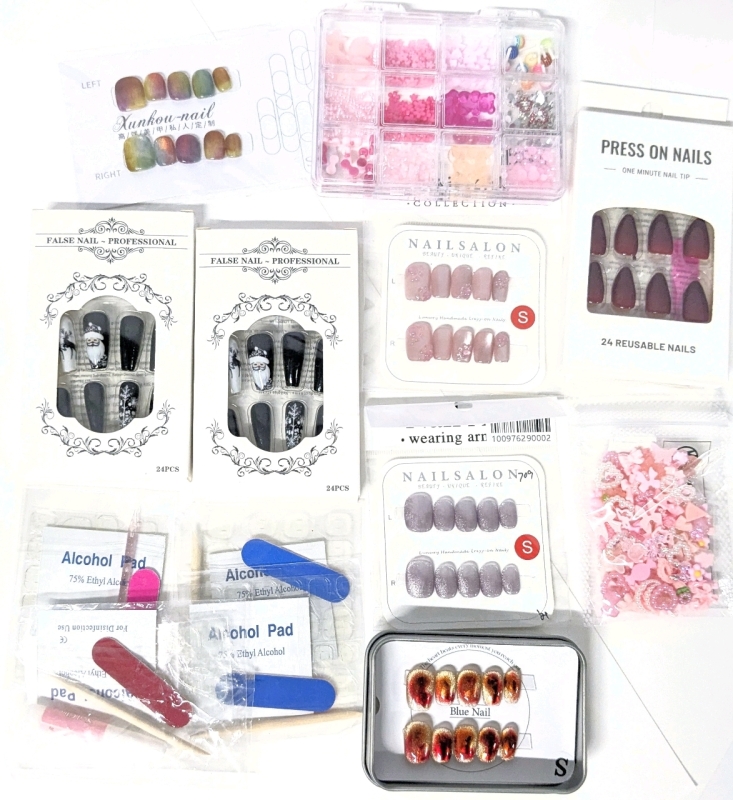 7 New Sets of False Nails, 4 Prep Sets (Emery Board, Alcohol, Glue), 2 Sets of Tiny Nail Art Findings / Decorations