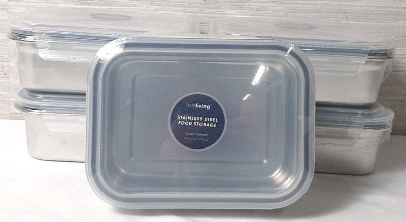5 New TrueLiving Stainless Steel Food Storage Container Packs (1.2L capacity, 2pcs in Each Pack, 8" Long, 6" Wide, 3" Tall)