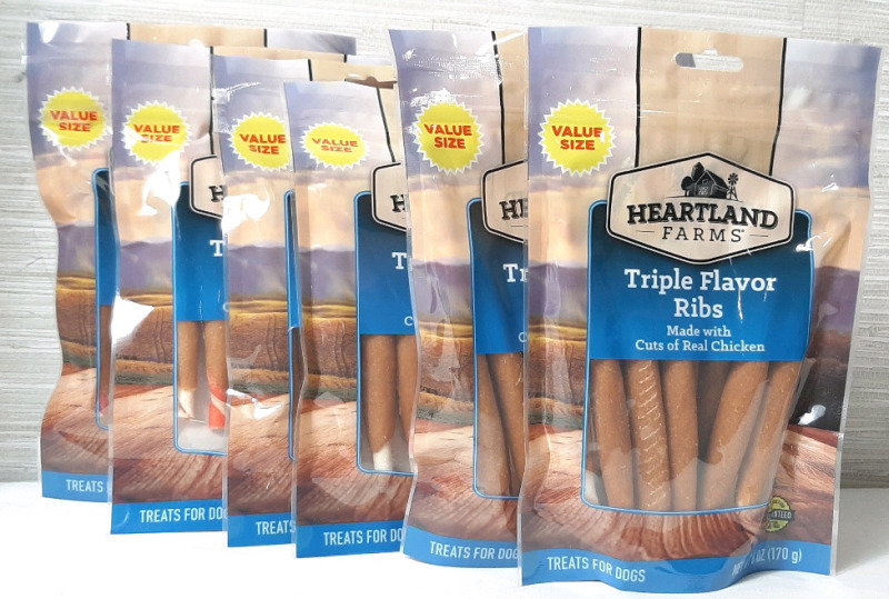 6 Nee Bags of Heartland Farms Triple Flavor Rib Treats for Dogs (170g each, Best Before March 9th 2026)