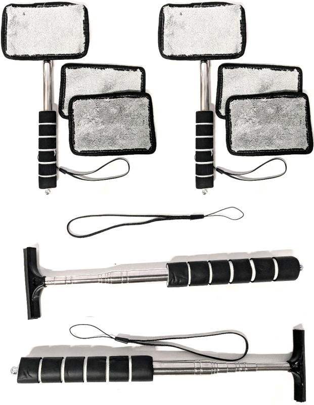 4 New Telescoping Car Cleaning Tools : 2&times; Windshield Wipers With Replaceable Pads & 2&times; Side Mirror Wipers - Start between 8.75" - 13" Long