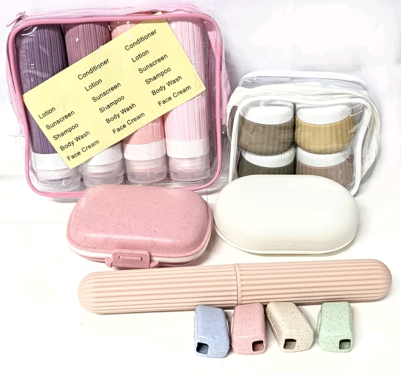 New Travel Containers : 4&times; Squishy Silicone Tubes, 4&times; Silicone Jars, Toothbrush Holder, 4&times; Toothbrush Caps, Soap Bar Holder, Mini Pill Case - Tallest Bottle 5.5"