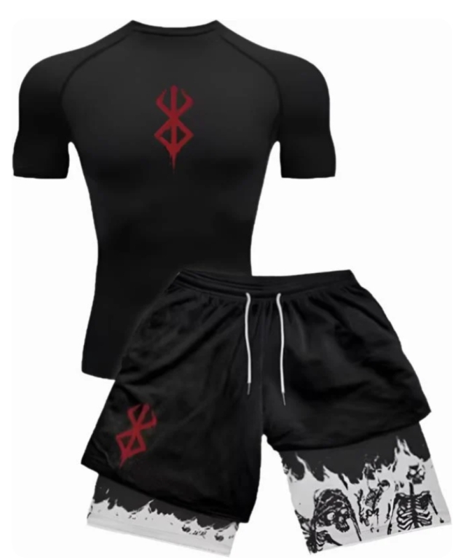 New Size Large Men's AMATERASU CULTURE Berserk Anime / Manga T-Shirt & Shorts Dark Compression Set | Retails Over $70
