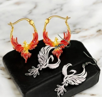 New Two Phoenix Rising Drop Earrings One Red Enamel Gold Over Sterling Snap Levers One Cut Work Sheppard Hooks see description for sizes
