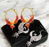 New Two Phoenix Rising Drop Earrings One Red Enamel Gold Over Sterling Snap Levers One Cut Work Sheppard Hooks see description for sizes