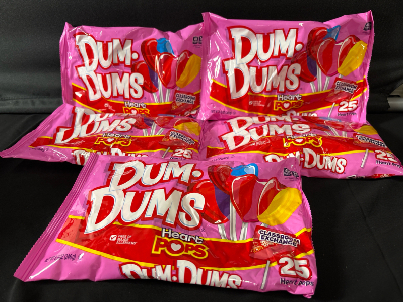 5 New Bags Dum-Dums Classroom Exchange Heartpops | Approx 25 count per bag