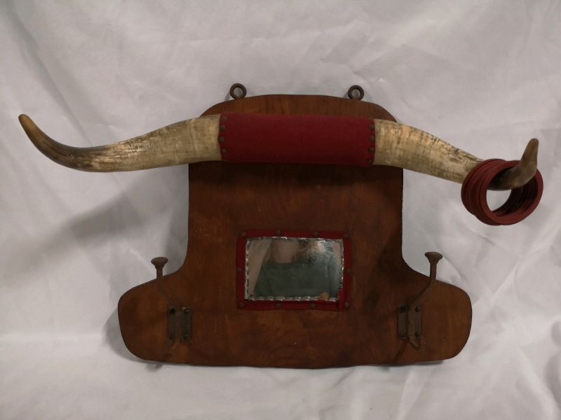 Vintage Real Horn Wooden Wall Mirror with Coat Hooks