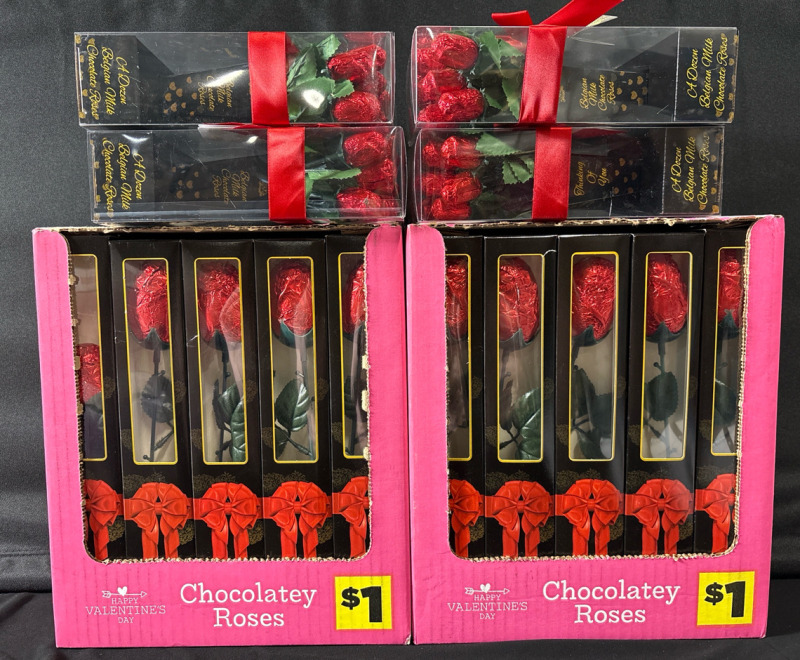 10 New Chocolatey Roses (20g Each, Best Before February 28 2026) and 4 New A Dozen Belgian Milk Chocolate Roses Boxes ( 48g Each, Best Before 23 Nov 2026