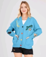 New Size XL Women's Patchwork Embroidered Graffiti Cable Knit Long Sleeve Open Front Cardigan V-Neck Button Down Sweater