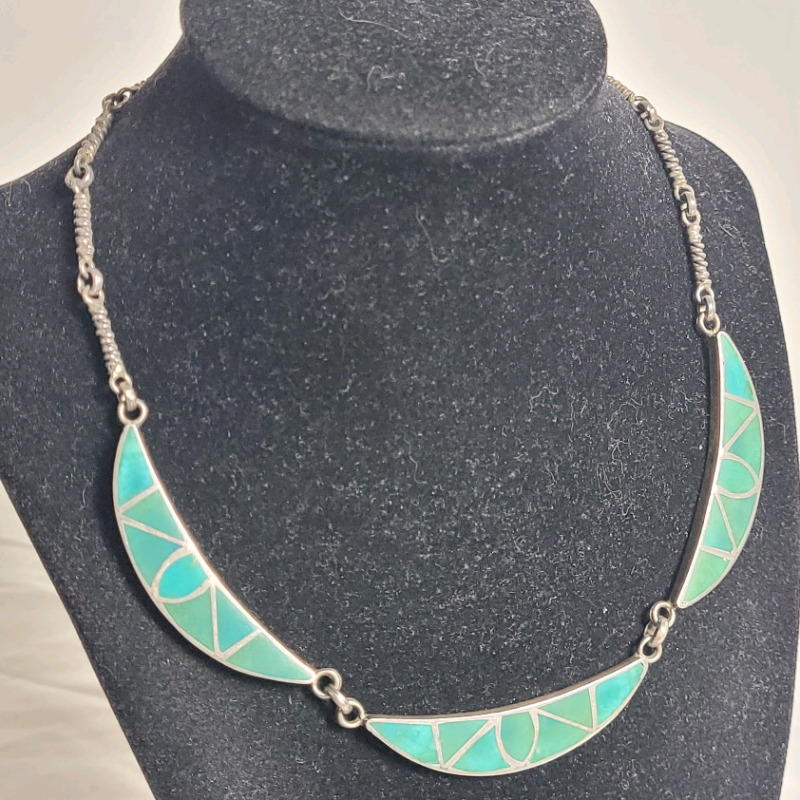 Vintage Silver Turquoise Inlay w/Silver Vaining Necklace . No Maker's Mark or Hallmark . Measures 16.5" long .