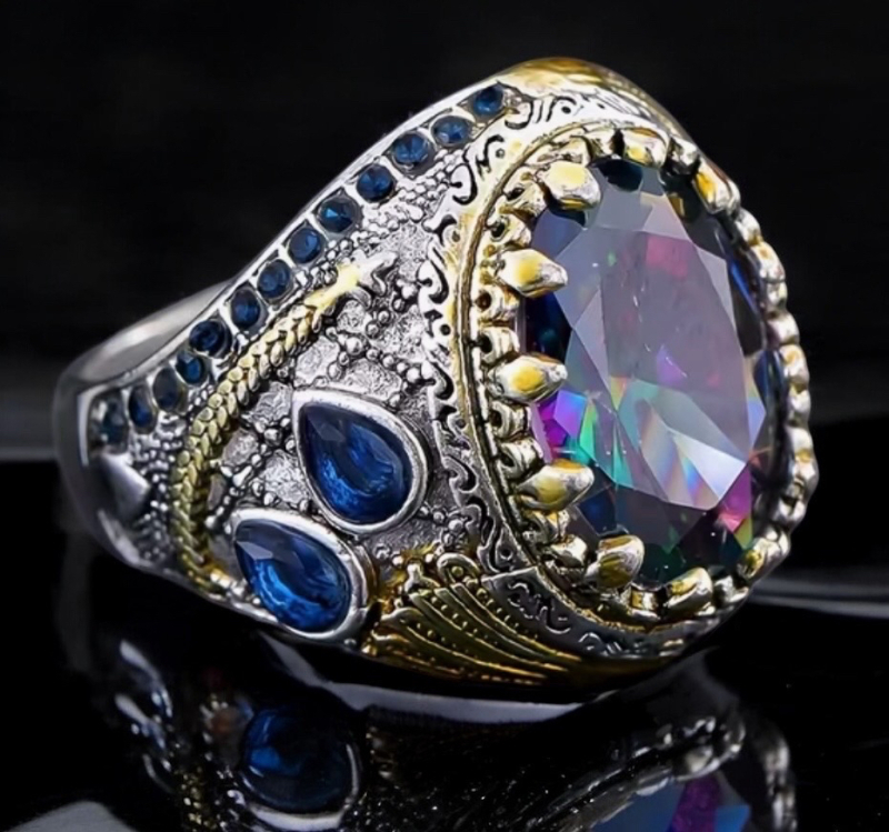 Natural Stone Accents with Claw Set Cubic Zirconia Mystic Coloured Inlay Ring Size 9
