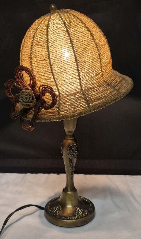 Vintage Table Lamp with Beaded Hat Shade 15.5" Tall - Working