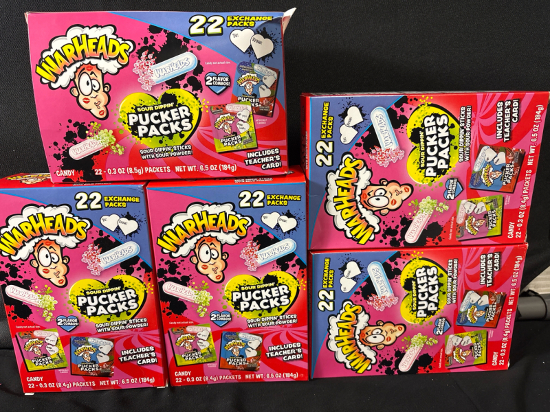 5 New Assorted Boxes of Warheads Sour Dippin Pucker Packs (184g each, Best Before September 11th 2026)
