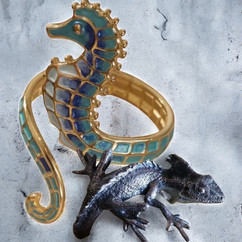 Two Unique Rings Enamel Seahorse Size 7.5 / Lizard Gecko Ring Size 5