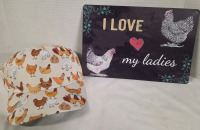 New | Chicken Coop Lovers Lot | Includes (1) 8" x 12" "I Love My Ladies" Chicken Metal Sign & (1) One Size Fits Most Chicken Themed Hat