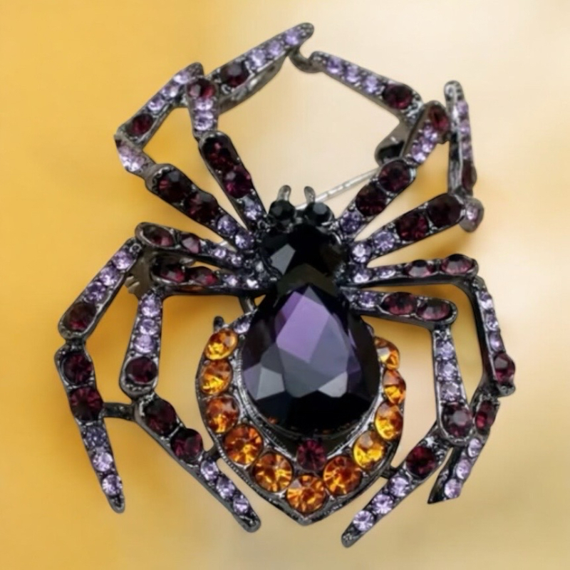 Large Vintage Inspired Rhinestone Spider Brooch Exaggerated Black Spider with Purple & Orange Vibrant Gemstones<br/>Approximately 2 x 1.35 Inch