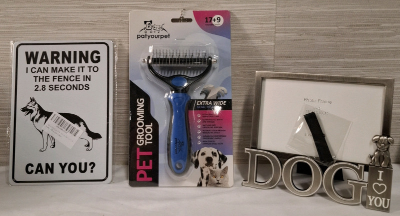 1 New PatYourPet Pet Grooming Tool, 1 New Metal Sign & 1 New Photo Frame | Tallest Measures - 6" X 4"