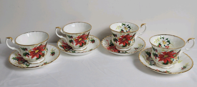 Royal Albert " YULETIDE " Set of 4 Cups & Saucers . All cups and saucers ring true