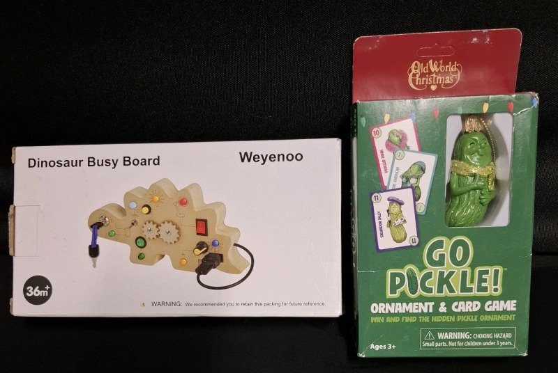 1 New Weyenoo Dinosaur Busy Board and 1 New Go Pickle Ornament & Card Game | Biggest Box Measures- 9" X 4.7"