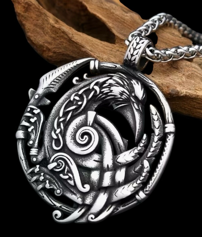 Vintage Norse Raven Pendant Necklace Stainless Steel Celtic Knot Amulet Intricate Swirling Design Pendant approximately 1.75 x 1.4 inch thick chain 23 inch