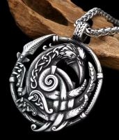Vintage Norse Raven Pendant Necklace Stainless Steel Celtic Knot Amulet Intricate Swirling Design Pendant approximately 1.75 x 1.4 inch thick chain 23 inch