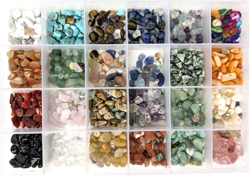 Storage Container With 24 Types of Semi-Precious, Crystal, Corals & Colored Stone Beads (All Labeled) - Container Measures 7.5" &times; 5.15"