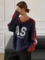 New Size MED Women's DAZY Color Block Letter Intarsia Oversized Long Sleeve Collegiate Sweater