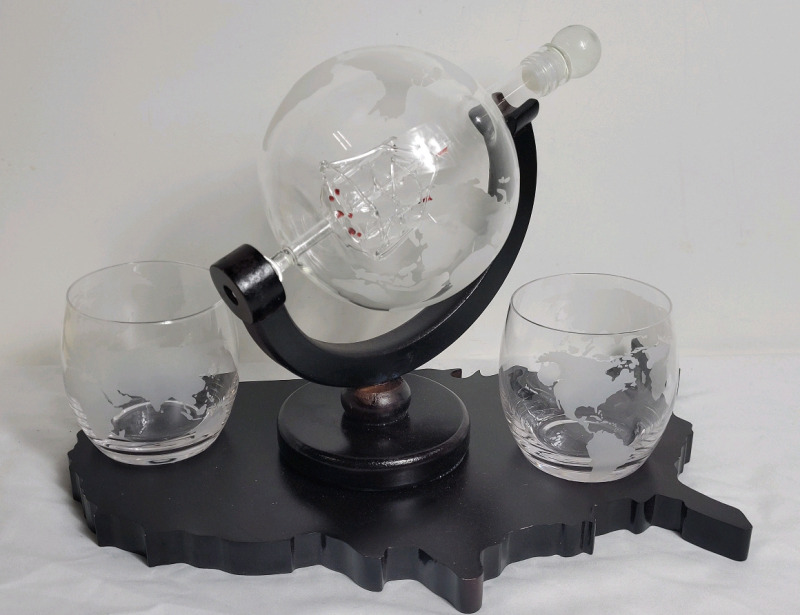 Globe Whiskey Decantor & Two (2) Globe Glasses Set w/Wooden Stand . Glass Ship in Decantor . See Photos for measurements