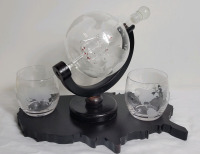 Globe Whiskey Decantor & Two (2) Globe Glasses Set w/Wooden Stand . Glass Ship in Decantor . See Photos for measurements