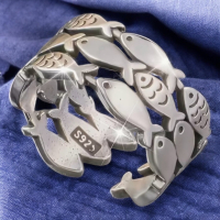 925 Silver Swimming with The Fishes Ring Adjustable Open Back Stamped