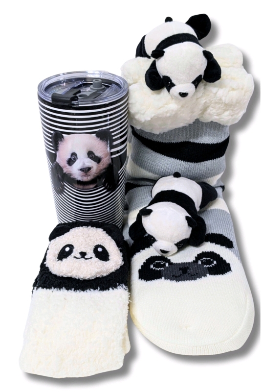 All New PANDAmonium! Panda Double-Wall Insulated Stainless Steel Tumbler, OS Slipper Socks, OS Super Soft Socks, 2&times; Small Plush Screen Cleaners