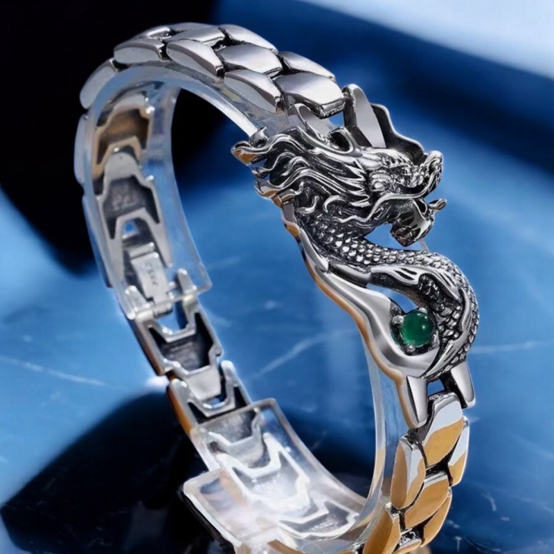 Dragon Stainless Steel Bracelet Vintage Textured Chain with Green Accent Minimalist Approximately 8 Inch Fold Over Clasp