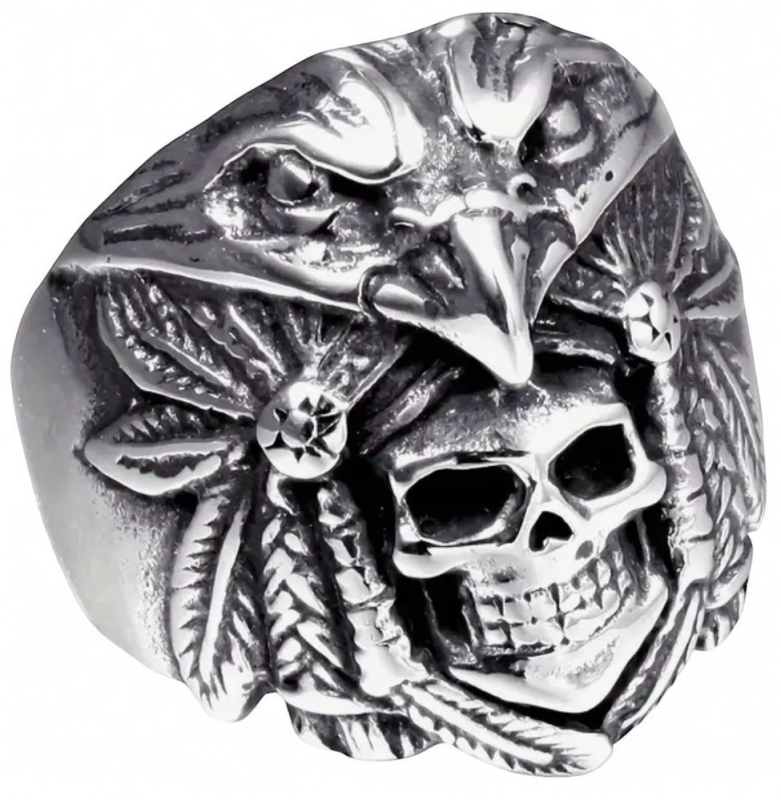 Retro Wide Stainless Steel Ring Size 11 Detailed Eagle Motif and Skull