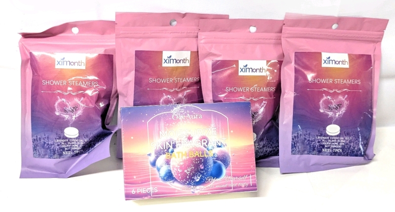 4 New Packs of 7 Lavender Shower Steamers & New OneAura 6-Pack Bath Bombs (Rosemary, Lemon, Lily, Lavender, Rose, Dragon Fruit) 210g