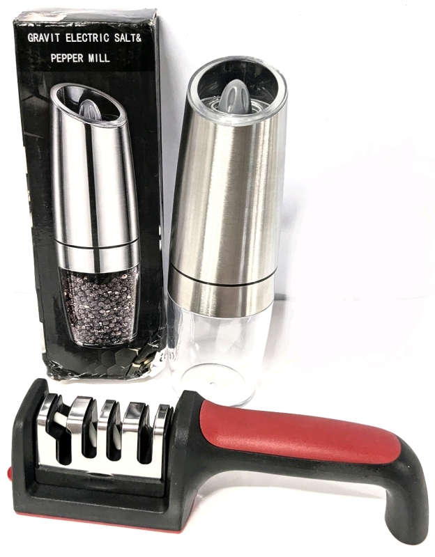 New in Box Gravity Electric Salt & Pepper Mill & Ceramic Knife Sharpener