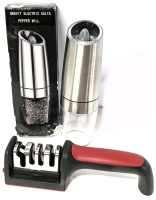 New in Box Gravity Electric Salt & Pepper Mill & Ceramic Knife Sharpener