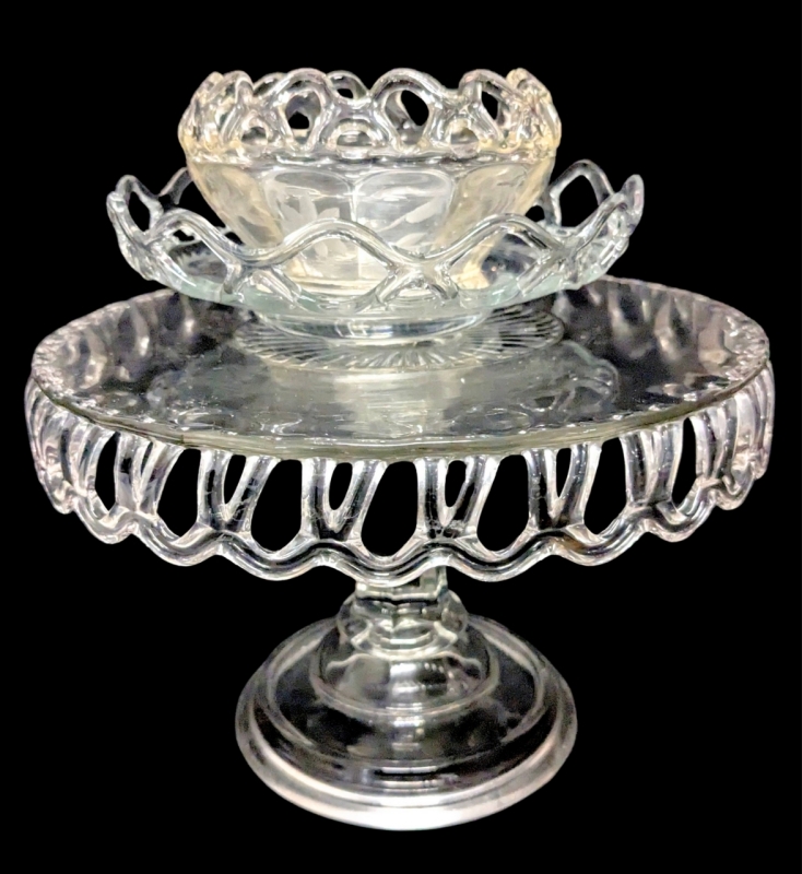 Vintage Co-Operative Flint Glass Lace Edge Cake Stand, Lace Edge Bowl & Dish With Cut Frosted Floral Designs - Cake Stand 9" Diameter &times; 6" Tall