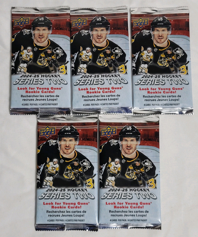2024-25 Upper Deck Series 2 NHL Hockey Trading Card Sealed Wax Packs . Five (5) Packs