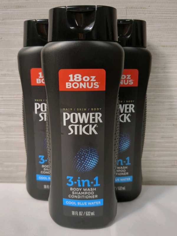 3 New Bottles Power Stick 3 in 1 Body Wash - Shampoo - Conditioner 18 fl oz/532 mL