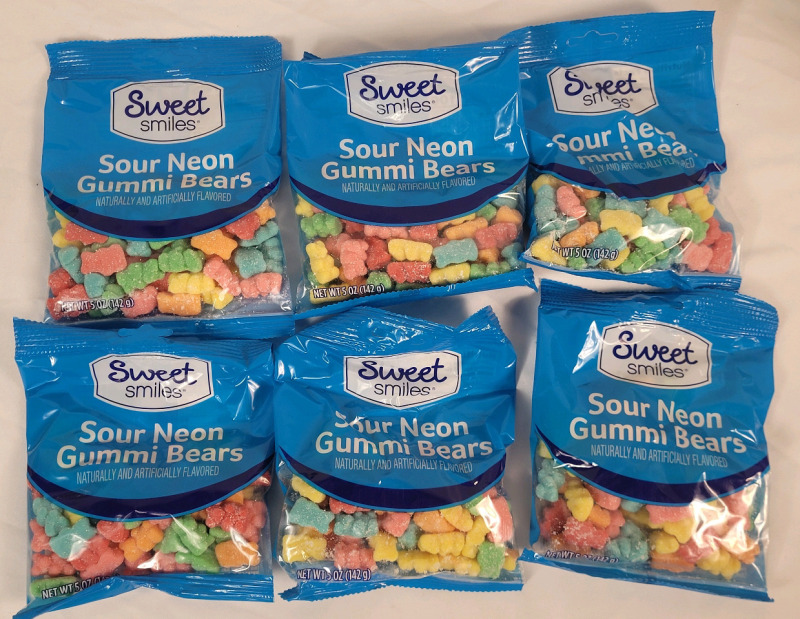 6 Packs New Sweet Smiles Sour Neon Gummi Bear Candy . Best Before 05.31.2026