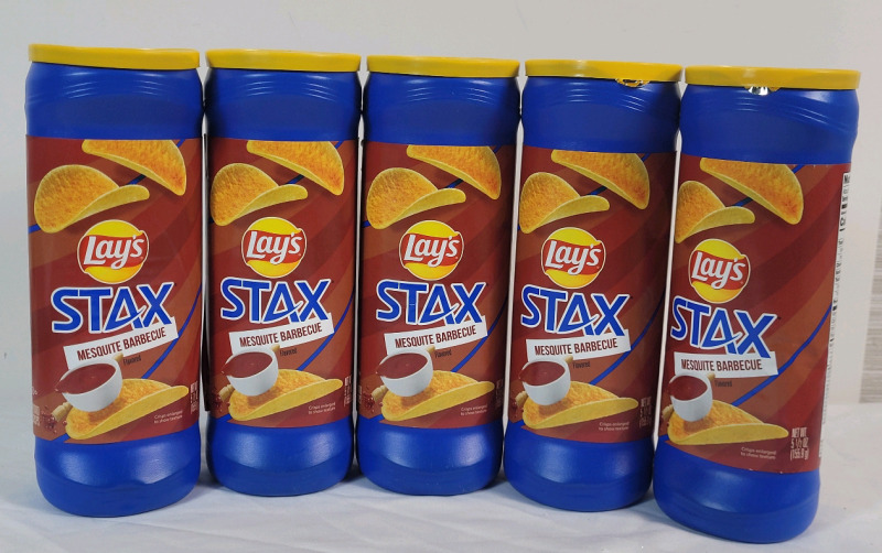 5 New LAYS Stax Mesquite Barbecue Potato Chips . Best Before 16 DEC 2025