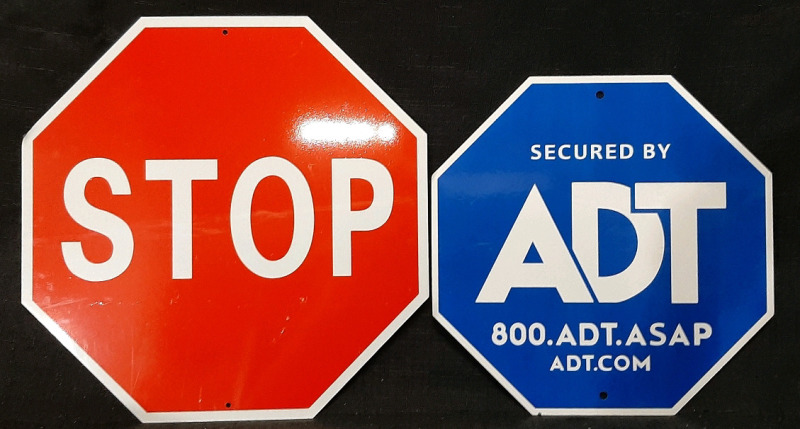 2 New Stop & ADT Metal Signs (Stop Sign is 12"&times;12", ADT Sign is 10"&times;10")